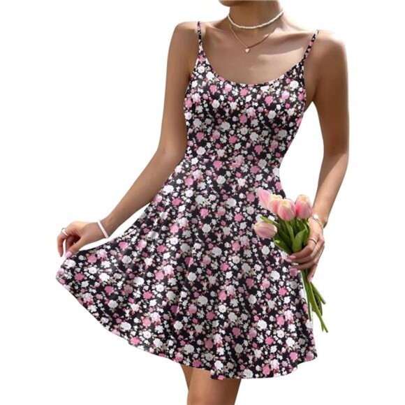 Women's Summer Dress Adjustable Spaghetti Strap Floral - Picture 2 of 6
